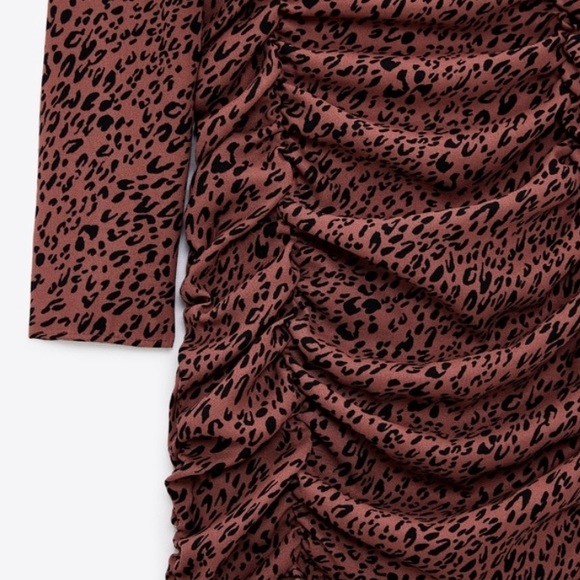 New Zara Leopard Print Ruched Ruffle Mini Dress - Picture 6 of 13